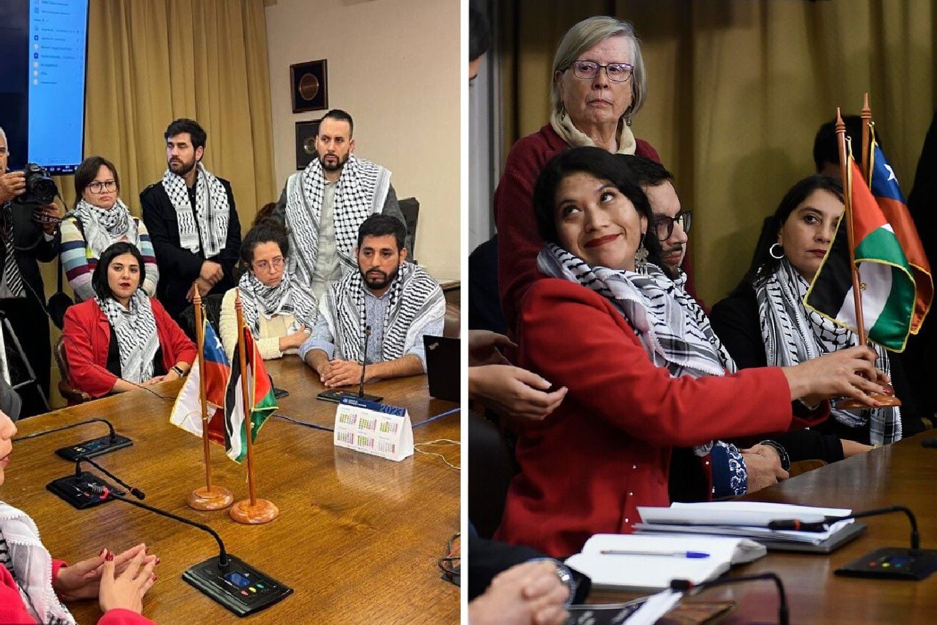 Diputados con pañuelos y bandera palestina en la Cámara