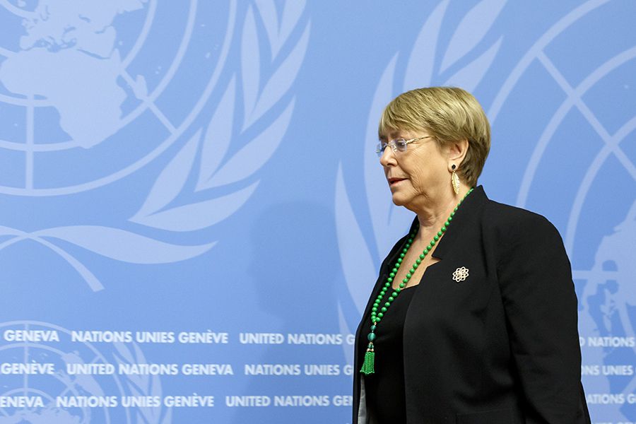 One year in office UN High Commissioner for Human Rights Chilean Michelle Bachelet speaks to the media