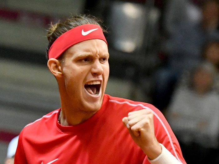 Chile`s Nicolas Jarry reacts during the Davis Cup tennis qualifiers m