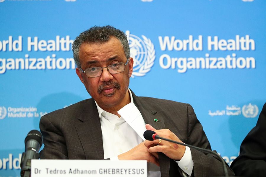 Director-General of the WHO Tedros Adhanom attends a news conference in Geneva