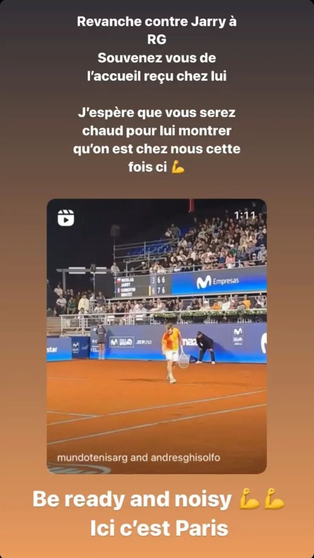 “Estén listos y ruidosos”: rival de Nicolás Jarry en Roland Garros hace un particular llamado al público francés tras su experiencia en Santiago. Foto: Corentin Moutet.