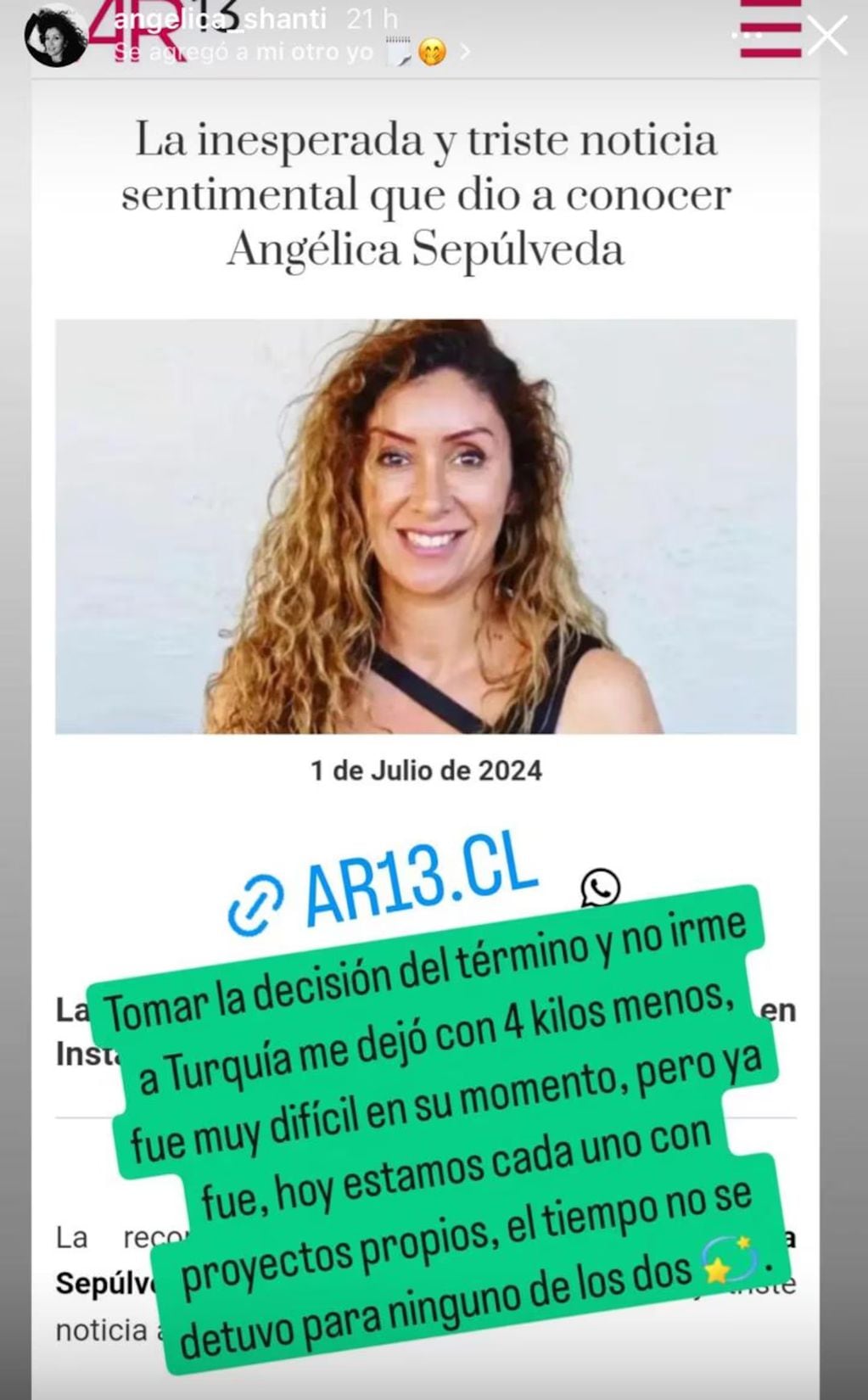 Angélica Sepúlveda se sinceró y confesó la consecuencia que enfrentó tras su quiebre con galán turco (Foto: Instagram)