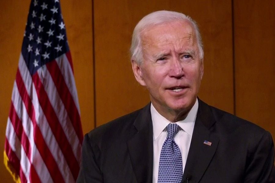 Democratic presidential candidate and former Vice President Joe Biden appears by video feed at start of the all virtual 2020 Democratic Convention hosted from Milwaukee, Wisconsin