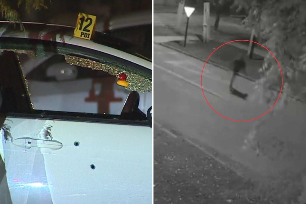 La funcionaria PDI abrió fuego desde el interior del automóvil. Una cámara captó la huida de al menos uno de los delincuentes. (Imágenes: CHV Noticias)