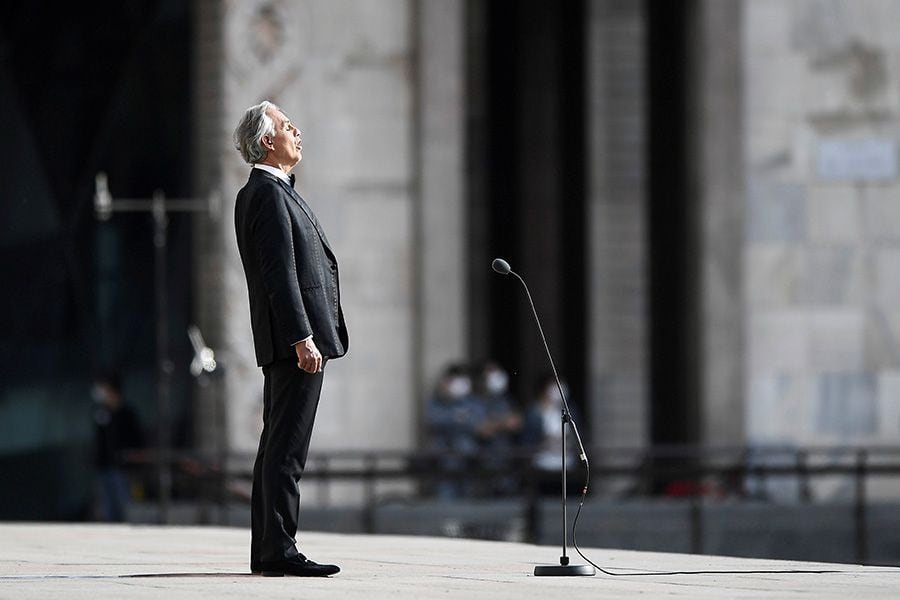 Opera singer Andrea Bocelli rehearses in an empty Duomo Cathedral in Milan