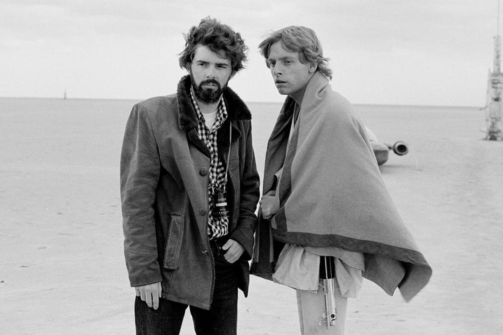 George Lucas y Mark Hamill en la primera película de Star Wars.