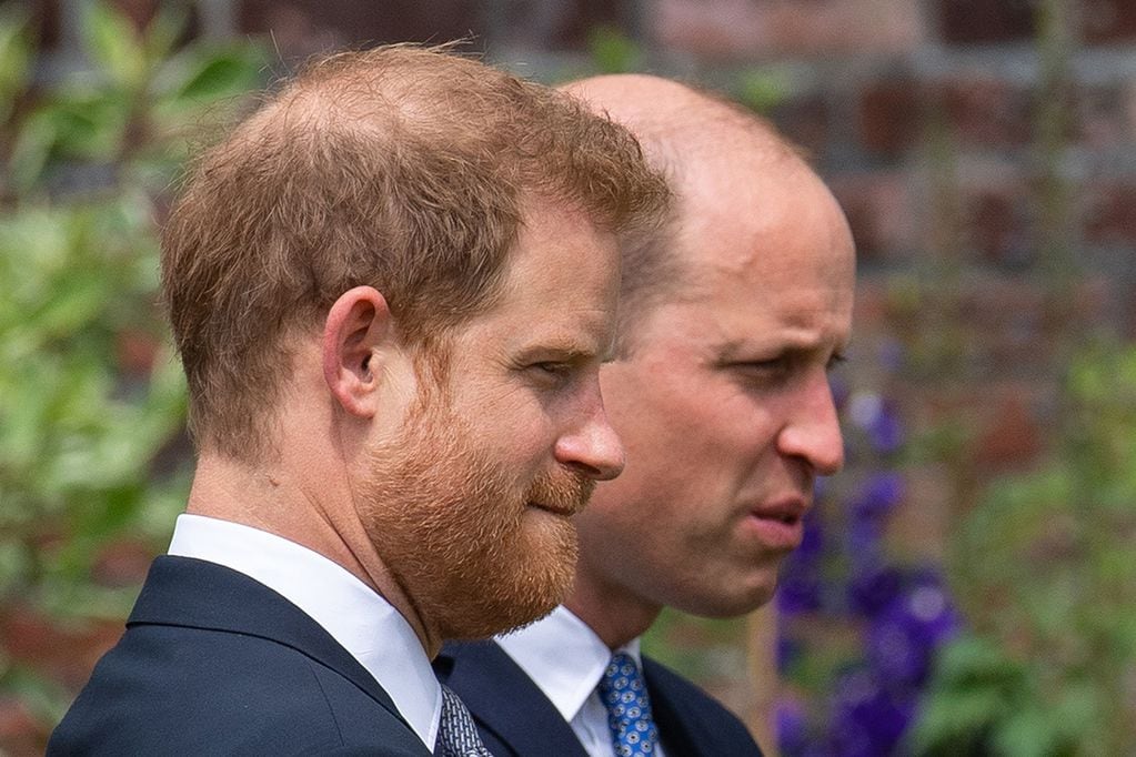 LONDON, ENGLAND - JULY 01: Prince Harry, Duke of Sussex and Prince William, Duke of Cambridge during the unveiling of a statue they commissioned of their mother Diana, Princess of Wales, in the Sunken Garden at Kensington Palace, on what would have been her 60th birthday on July 1, 2021 in London, England. Today would have been the 60th birthday of Princess Diana, who died in 1997. At a ceremony here today, her sons Prince William and Prince Harry, the Duke of Cambridge and the Duke of Sussex respectively, will unveil a statue in her memory. (Photo by Dominic Lipinski - WPA Pool/Getty Images)