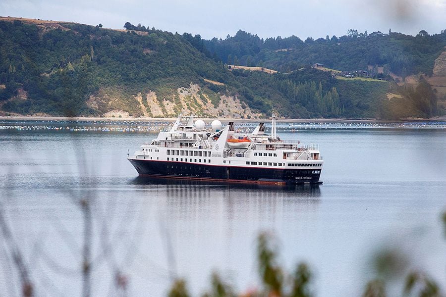 Bahamas flag cruise ship 'Silver explorer' that has been isolated in Chile's southern port of Castro after a passenger showed symptoms similar to those of the coronavirus disease (COVID-19) is seen in Chiloe